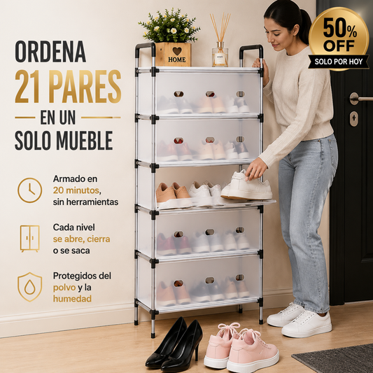 OrdenaTaref Pro — Deja de ver zapatos tirados en la entrada. Ordena 21 pares en un solo mueble, sin herramientas.