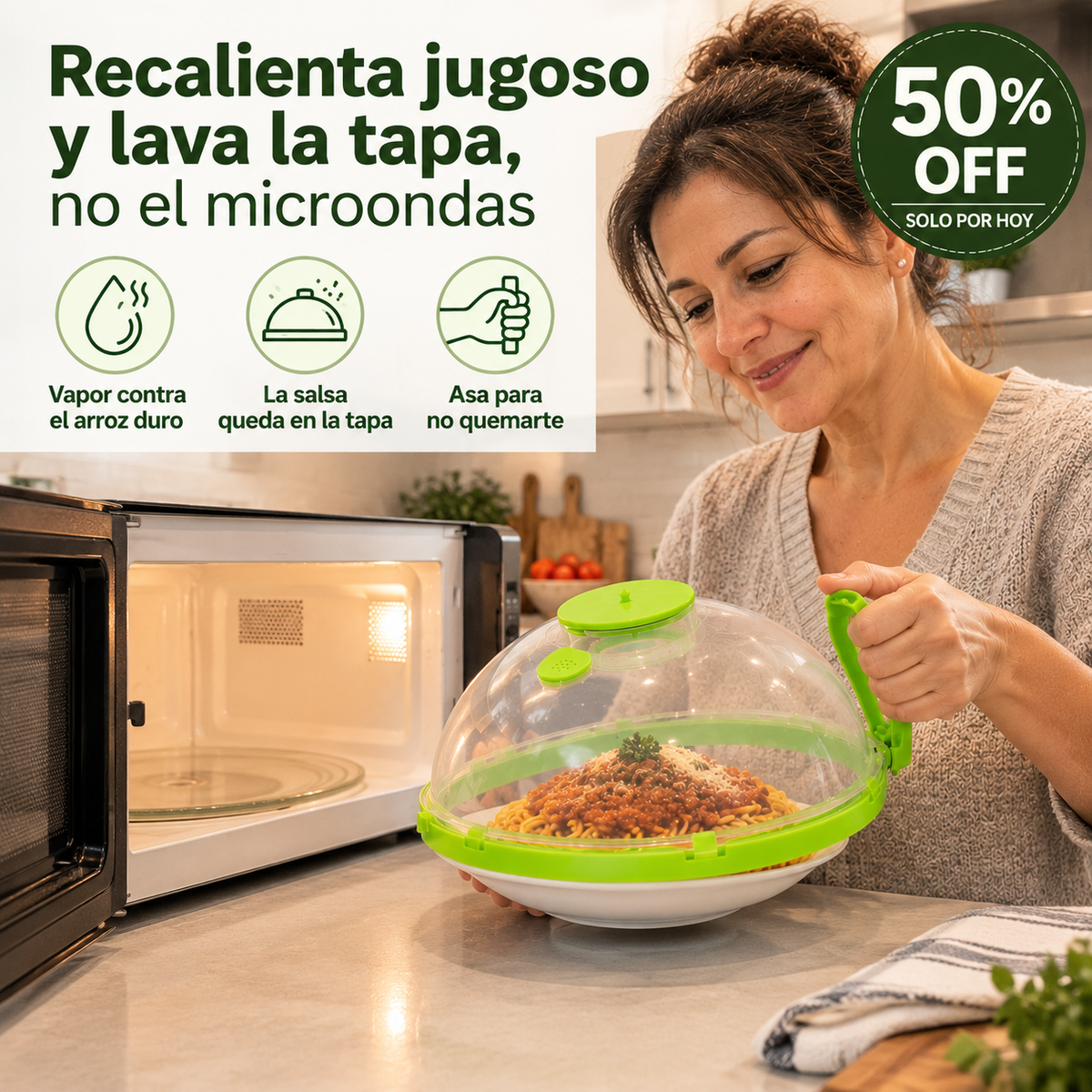 VaporDomo Pro — Recalienta jugoso y lava la tapa, no el microondas