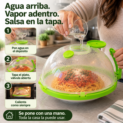 VaporDomo Pro — Recalienta jugoso y lava la tapa, no el microondas