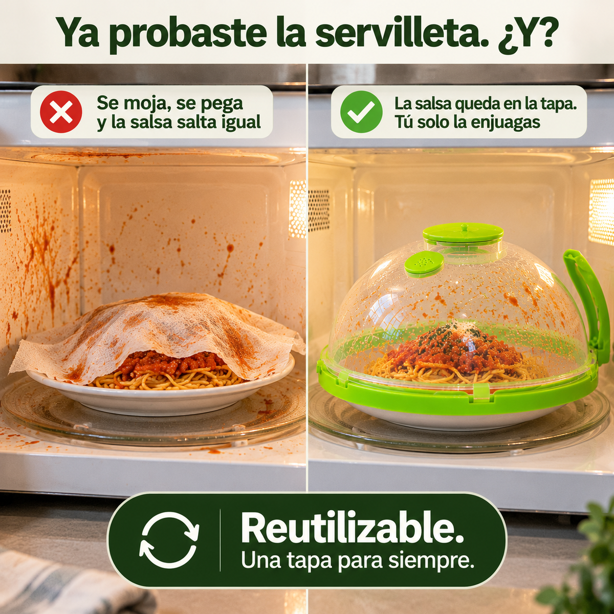 VaporDomo Pro — Recalienta jugoso y lava la tapa, no el microondas